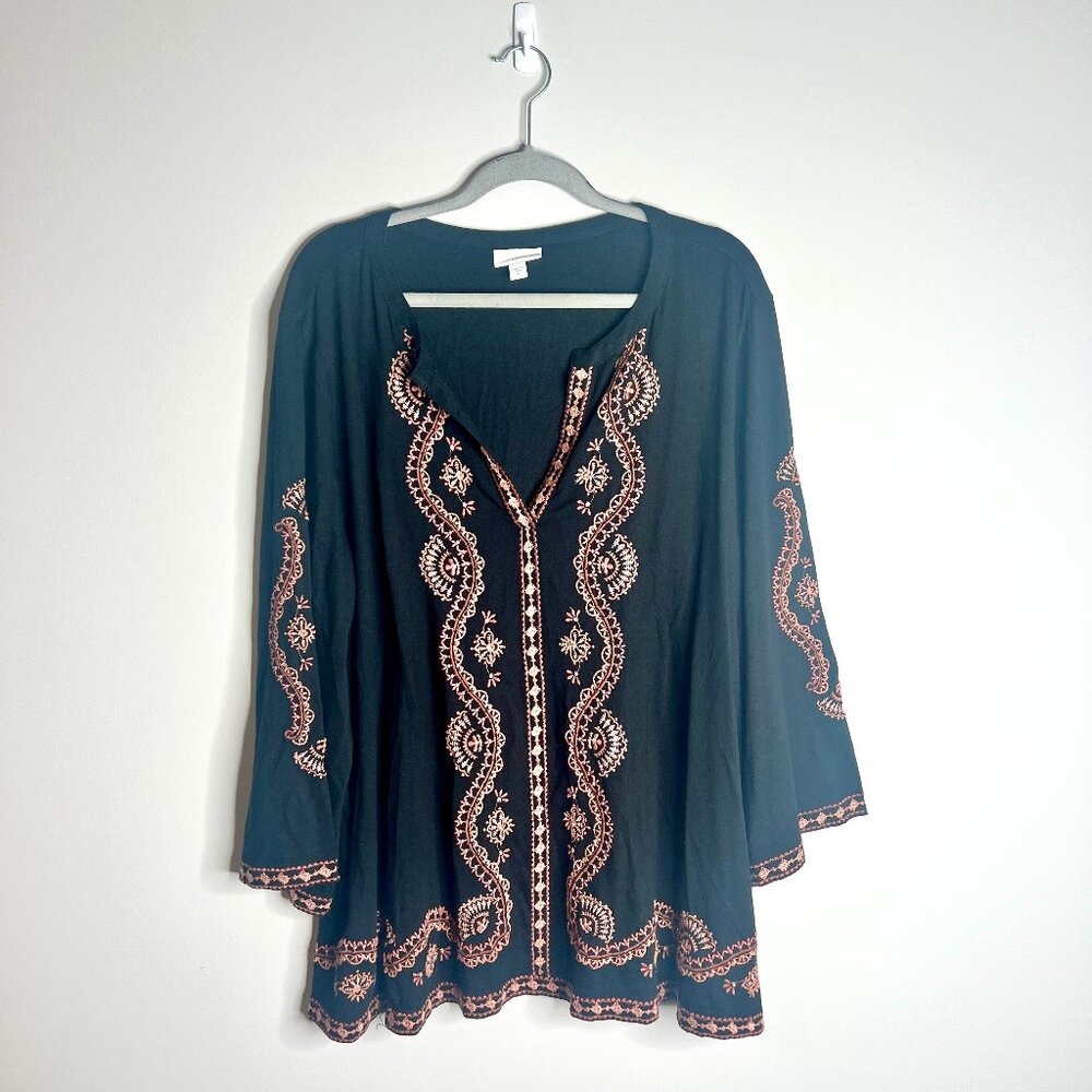 Embroidered Black Boho Peasant Top with Copper Stitching